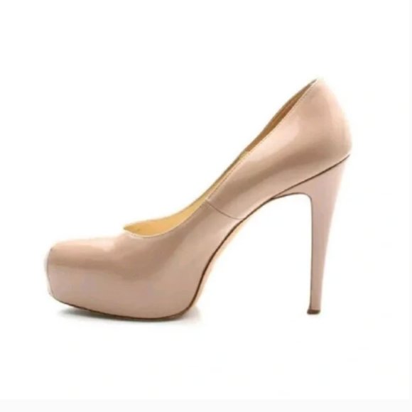 Brian Atwood Maniac Tan Nude Patent Leather Platform Pump Size 36.6 - Picture 1 of 6